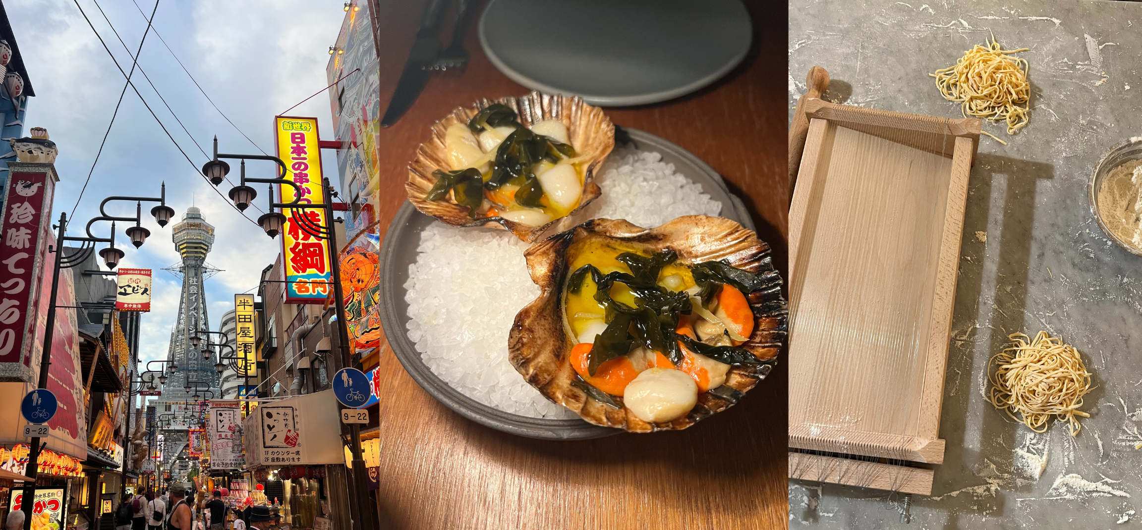 Collage of Japanese Market Australian Seafood and Pasta Making in Italy